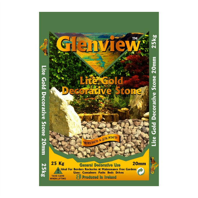 Glenview Lite Gold 20mm stone 1 tonne bag, pale gold gravel for garden landscaping, available at Keans Claremorris.