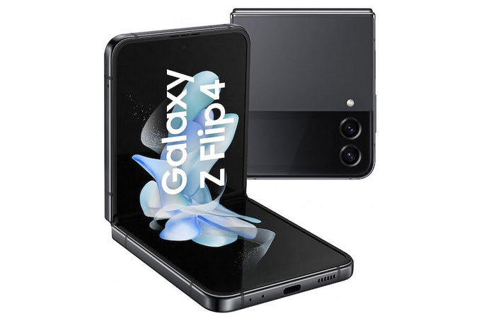 Samsung Galaxy Z Flip4 128GB Graphite foldable smartphone with 6.7" AMOLED display, FlexCam, 5G – available at Kean’s