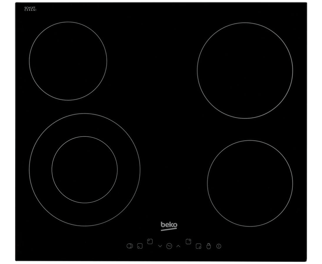 Beko HIC64402T 60cm black ceramic hob with touch control, 4 heating zones, safety features, from Kean’s Claremorris. –