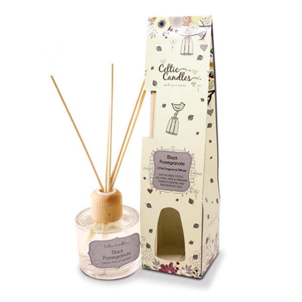 Celtic Candles Black Pomegranate 100ml reed diffuser in recycled glass, alcohol-free, lasts 16 weeks – Keans Claremorris