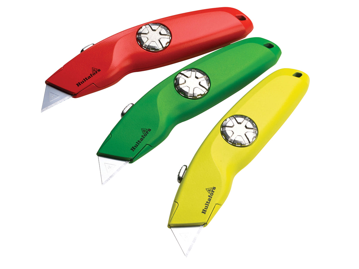 Hultafors Hi-Vis Retractable Knife with ergonomic grip, zinc housing, 10 spare blades, 4-stage lock – Keans Claremorris
