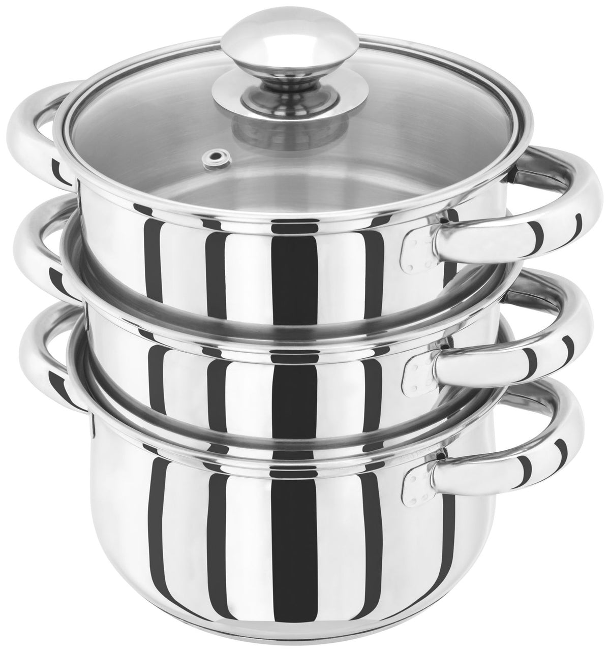 Judge Essentials 24cm 3 Tier Stainless Steel Steamer Set with vented glass lid, oven safe, induction compatible – Keans