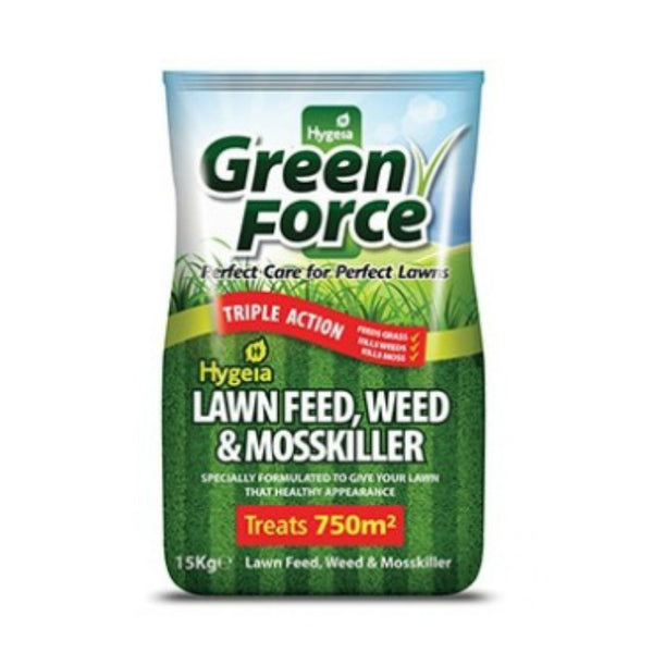 Hygeia Greenforce Lawn Feed Weed & Mosskiller 750m2, triple action lawn care, feeds grass, kills weeds & moss – Keans