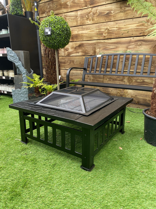 3 in 1 Outdoor Metal Bronze Brazier Firepit with mesh lid, rust-resistant steel, grill, and poker – Keans Claremorris