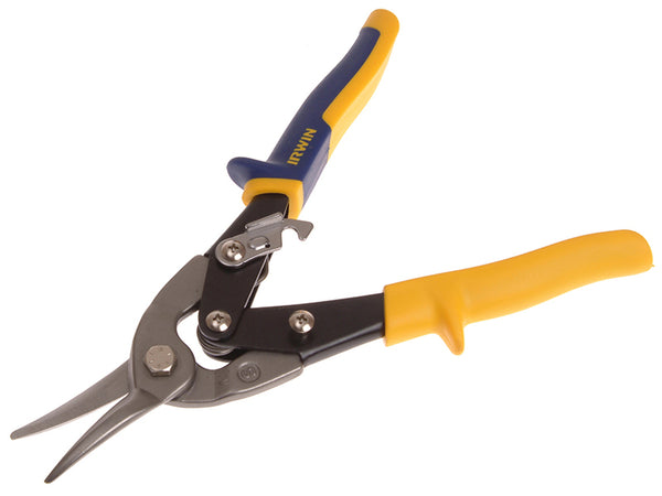 Aviation Snips Straight Cut 250mm with serrated blade, soft-grip handles, and compound action for easy metal cutting - Keans