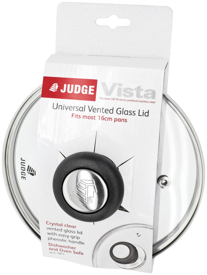 Judge Vista 16cm vented glass lid, durable, retains heat and moisture, fits Judge Vista cookware – available at Keans