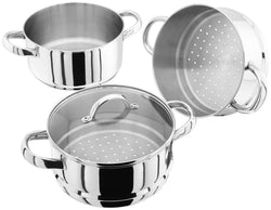 Judge 20cm 3 Tier Stainless Steel Steamer Set with Dual Purpose Pan, Oven Safe, Induction Compatible – Available at Keans