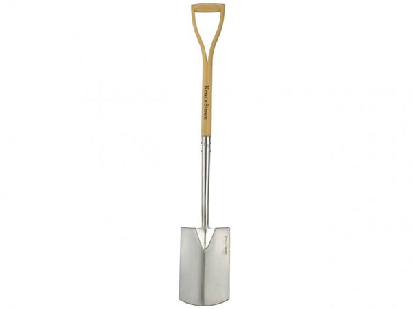 Kent & Stowe Stainless Steel Digging Spade with polished blade, ash wood handle, wide tread, durable crank – Keans