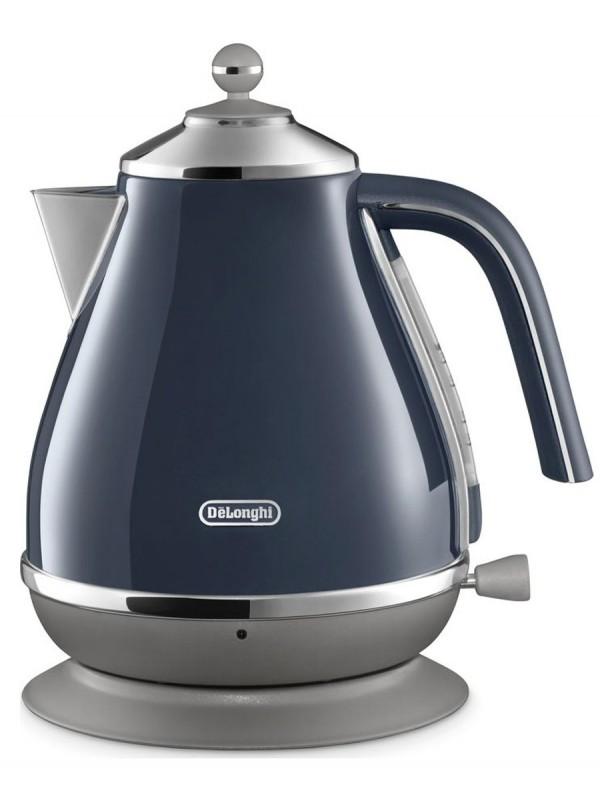 DeLonghi Icona Capitals Blue Kettle, 1.7L, 360° swivel base, water level indicator, auto shut-off - Keans Claremorris