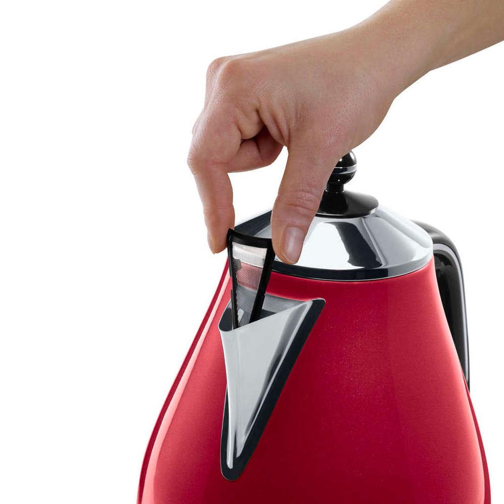 Delonghi 1.7L Red Electric Kettle KBOM3001.R, fast boiling, sleek design – available at Keans Claremorris