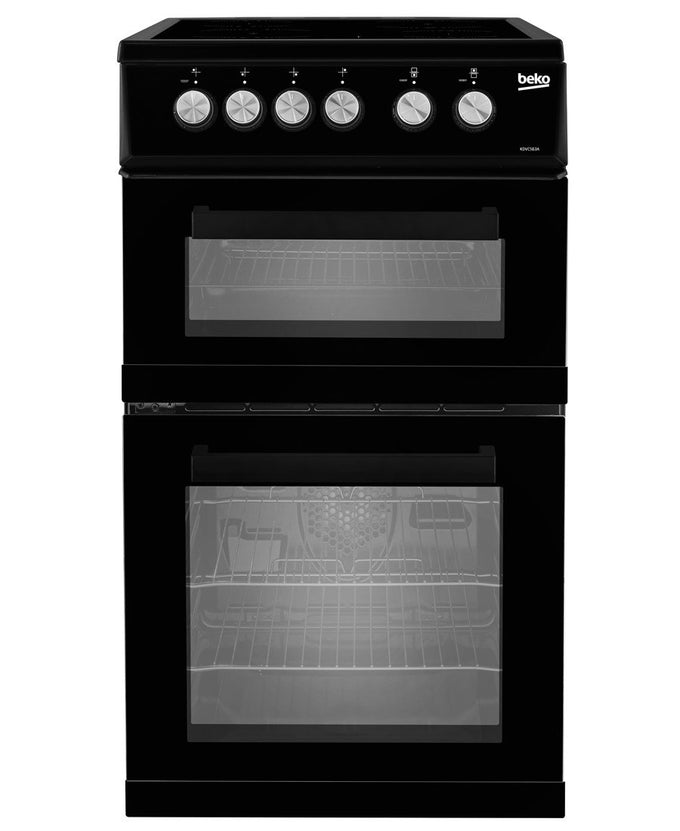 Beko KDVC563AK 50cm black double oven electric cooker with ceramic hob, grill, timer, and easy-clean doors – Kean’s
