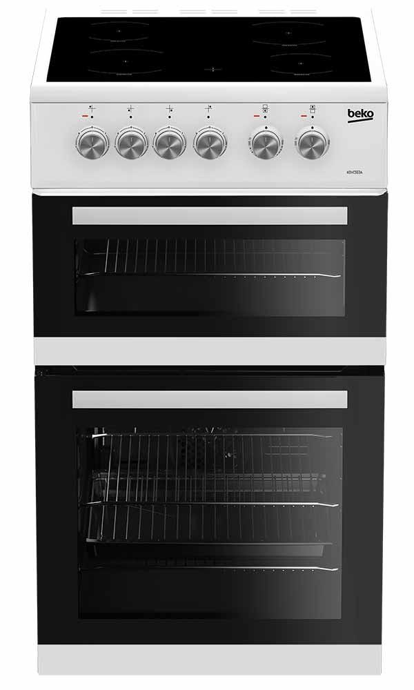 Beko KDVC563AW 50cm white double oven electric cooker with ceramic hob, fan oven, grill, easy-clean, at Kean’s Claremorris –
