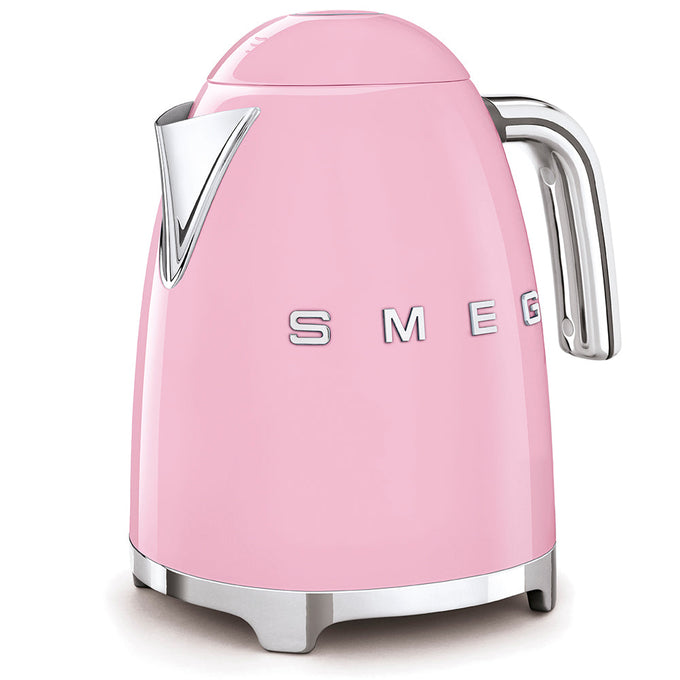Smeg Pink Retro KLF03 Kettle, 1.7L stainless steel, 3kW fast boil, pastel pink, 50’s style – available at Kean’s Claremorris