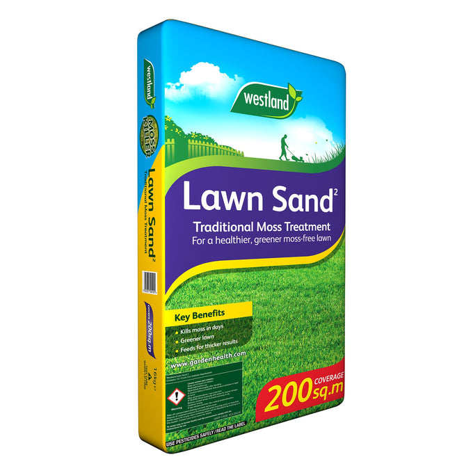Westlands Lawn Sand 16kg bag treats moss, feeds lawn for greener, thicker grass, covers 200sqm – Keans Claremorris.