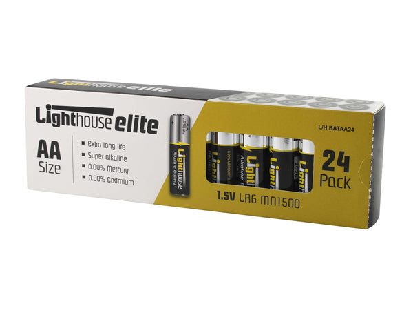 Lighthouse AA LR6 Alkaline Batteries 2400mAh Pack of 24, long-lasting, leak-resistant, available at Keans Claremorris