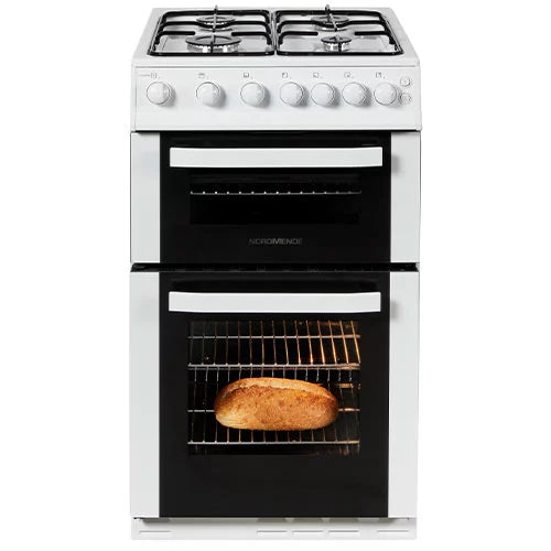 Nordmende 50cm white LPG twin cavity gas cooker with 4 burners, grill, enamel finish, 3-year warranty – Keans Claremorris