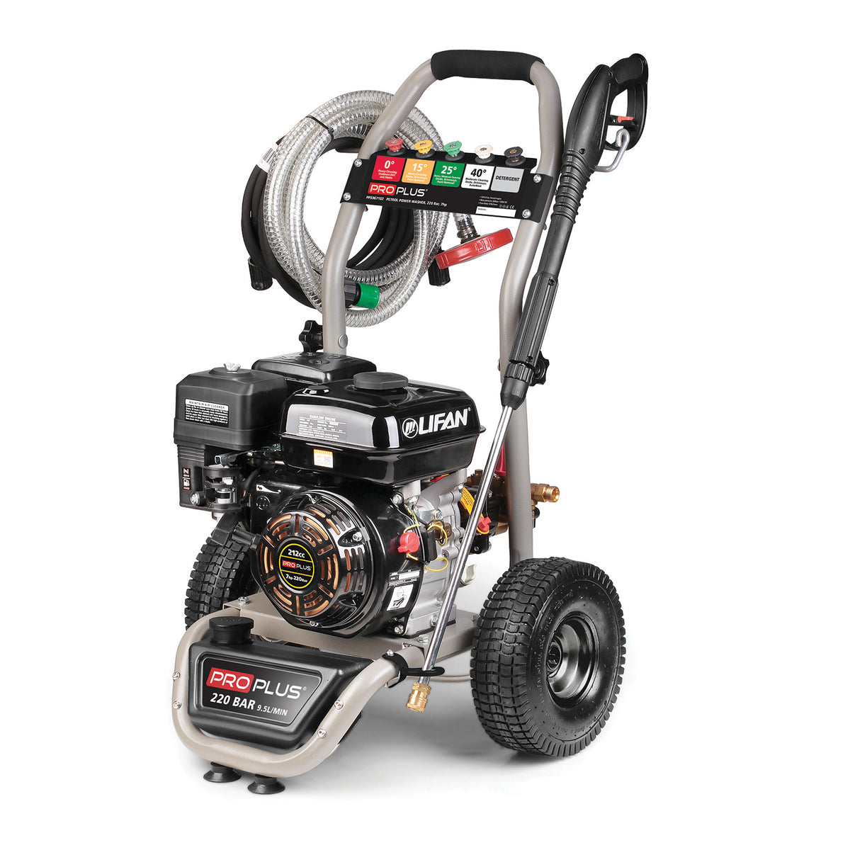 Proplus 7HP Petrol Pressure Washer 220 Bar with 7.5m hose, metal lance, detergent tank, pneumatic trolley – Keans Claremorris