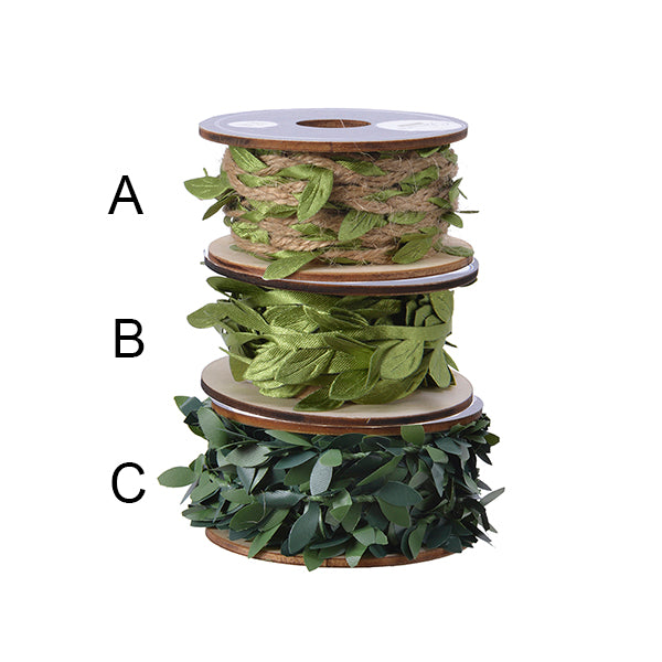 Playful cotton ribbon with green leaves, three styles (A, B, C), perfect for gift wrap and holiday crafts – Keans Claremorris