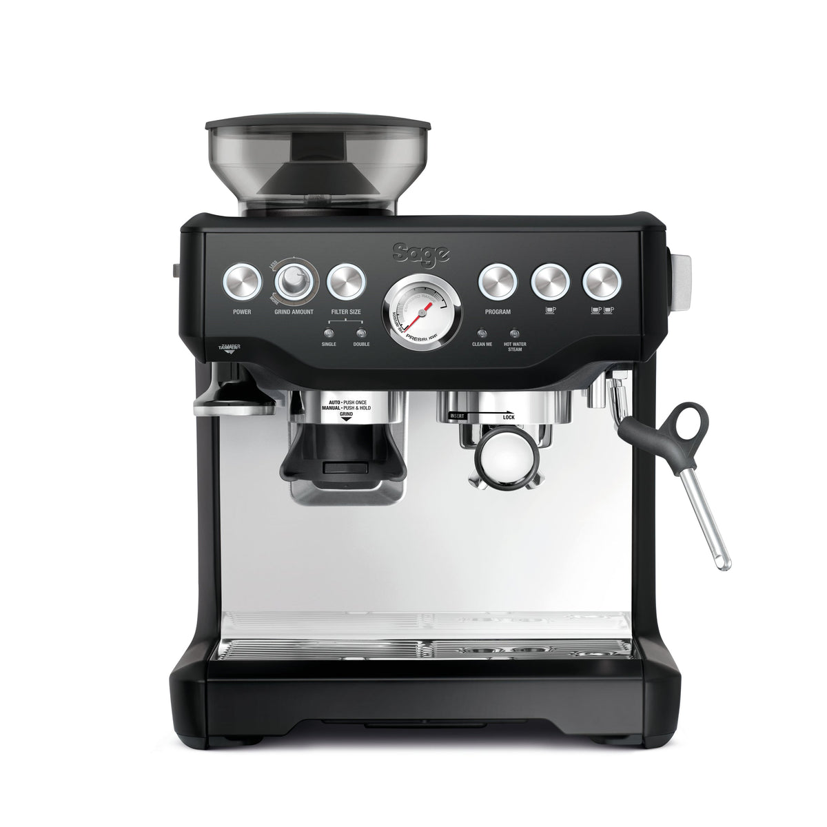 Sage Barista Express Espresso Machine Black Truffle with integrated grinder, steam wand, 15-bar pump – available at Kean’s