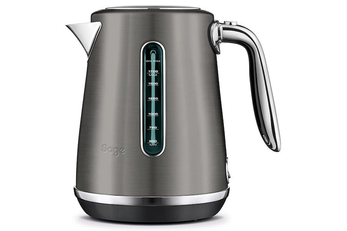 Sage Soft Top Luxe Kettle in black stainless steel with soft open lid, dual water windows, cordless base – Keans Claremorris.