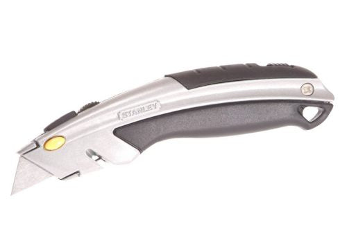 Stanley Instant Change Retract Knife with ergonomic grip, quick blade change, stores 8 blades – available at Keans