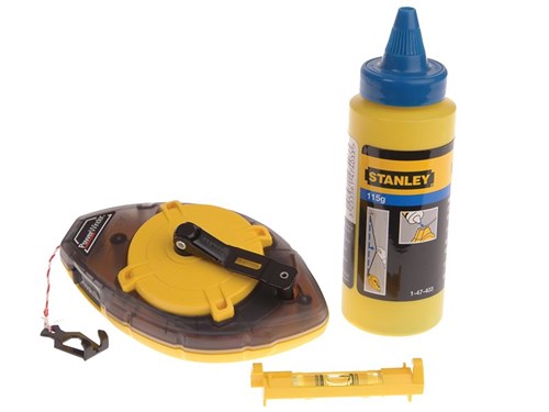 Power Winder 30m Chalk Line with stainless steel hook, ergonomic design, 45gr chalk, level, and metal crank – Keans
