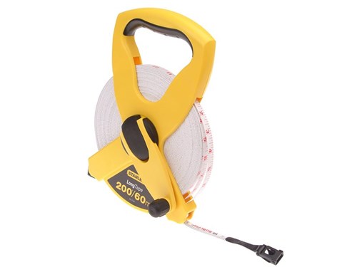 Stanley 60m Fibreglass Tape Measure 13mm wide, dual metric/imperial, non-corrosive blade, yellow case - Keans Claremorris