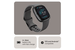 Fitbit Sense 2 Smartwatch in Shadow Grey & Graphite with health sensors, GPS, and heart rate monitor – available at Keans