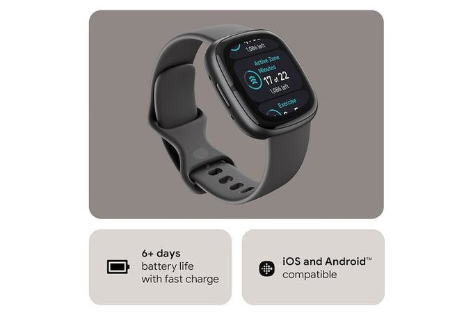 Fitbit Sense 2 Smartwatch in Shadow Grey & Graphite with health sensors, GPS, and heart rate monitor – available at Keans