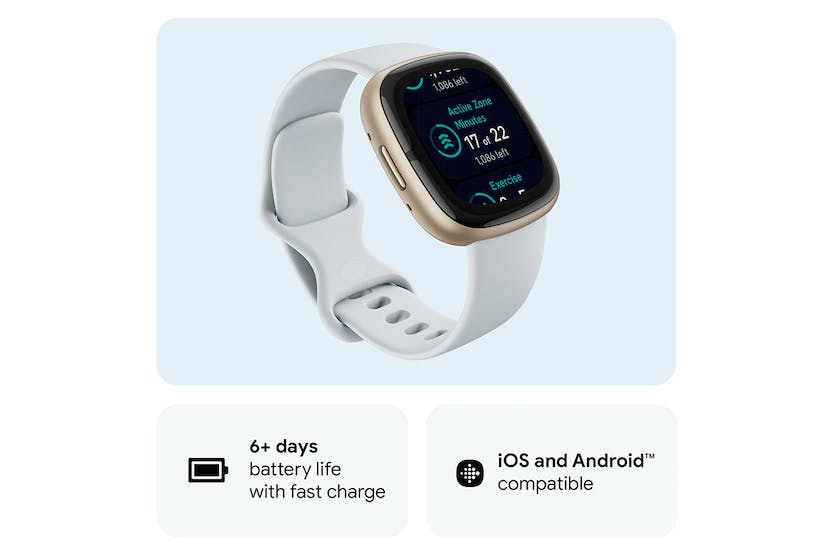 Fitbit Sense 2 Smartwatch in Blue Mist & Soft Gold, advanced health tracking, available at Keans Claremorris