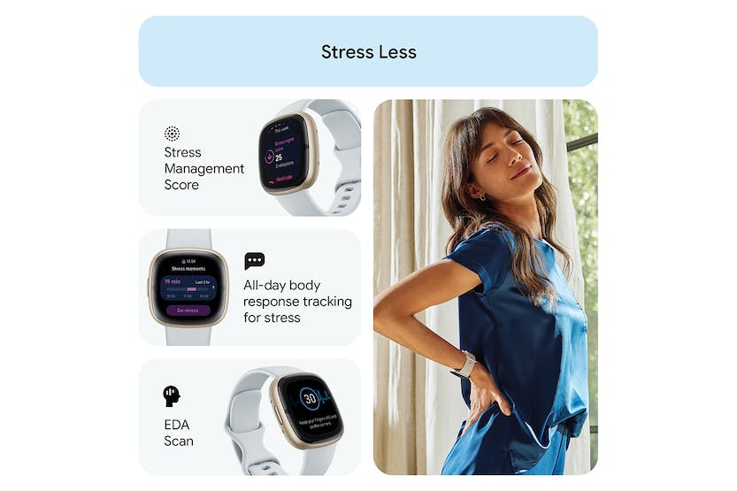 Fitbit Sense 2 Smartwatch in Blue Mist & Soft Gold, advanced health tracking, available at Keans Claremorris.