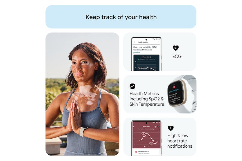 Fitbit Sense 2 Smartwatch in Blue Mist & Soft Gold, advanced health tracking, available at Keans Claremorris.