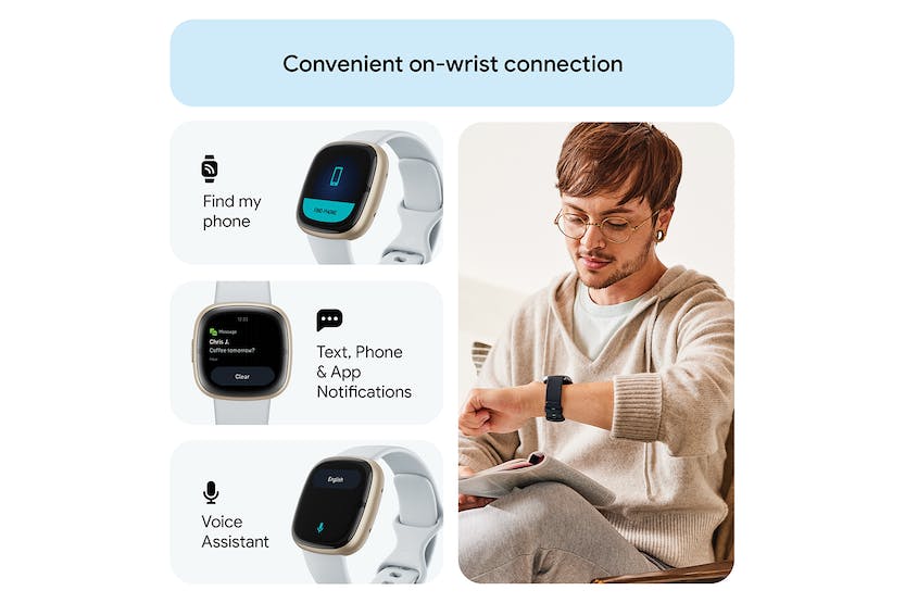 Fitbit Sense 2 Smartwatch in Blue Mist & Soft Gold, advanced health tracking, from Keans Claremorris store.