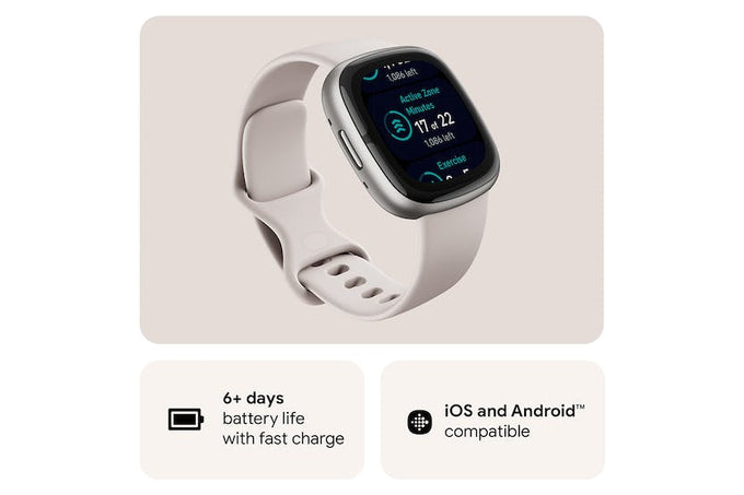 Fitbit Sense 2 Smartwatch in Lunar White & Platinum with health sensors, GPS – available at Keans Claremorris