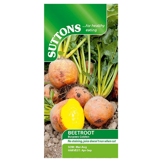 Suttons Beetroot Burpees Golden seeds – yellow-fleshed, globe variety, no staining, rich in potassium, from Keans