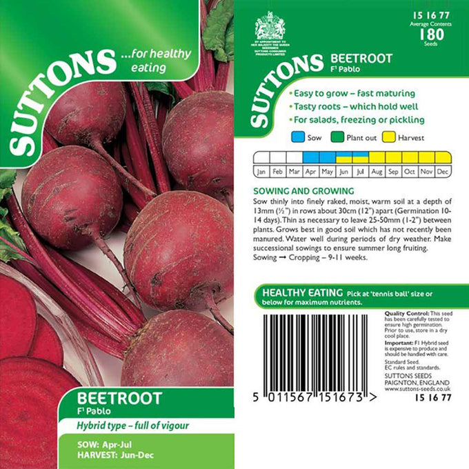 Suttons Beetroot F1 Pablo with smooth, round red roots, bolt-resistant, tasty, RHS Award winner – Keans Claremorris.