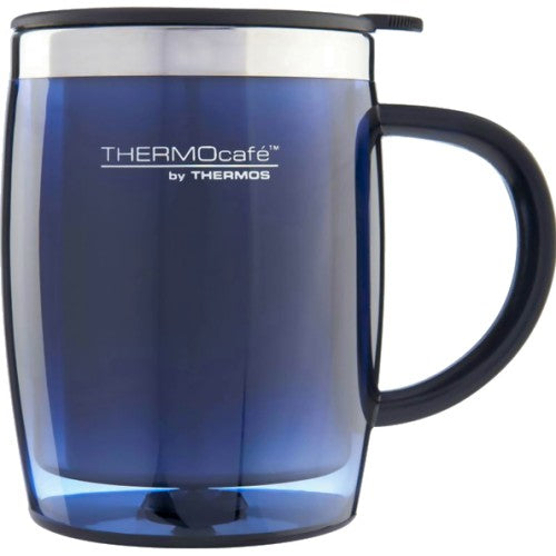Thermocafe 450ml navy blue desk mug with double wall insulation, splash resistant lid, and ergonomic handle – Keans