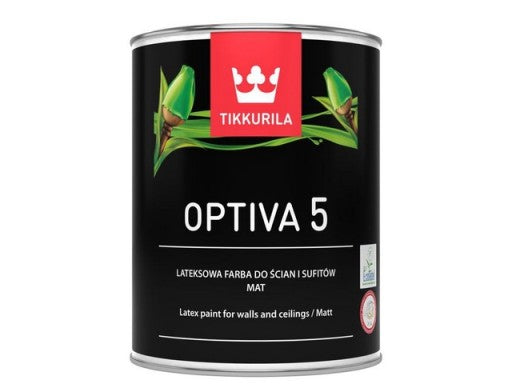 Tikkurila Optiva 5 0.9L matt interior wall paint, durable, scrub resistant, eco-friendly – available at Keans Claremorris.