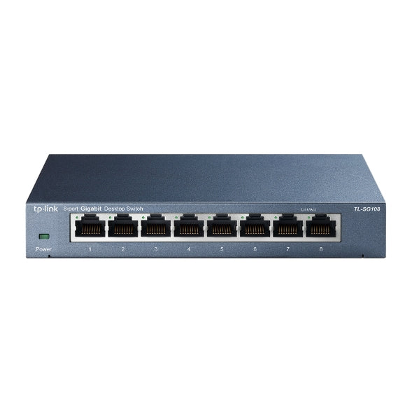 TP-Link TL-SG108 8-Port Gigabit Desktop Switch with steel housing, energy-efficient, plug & play – available at Kean’s