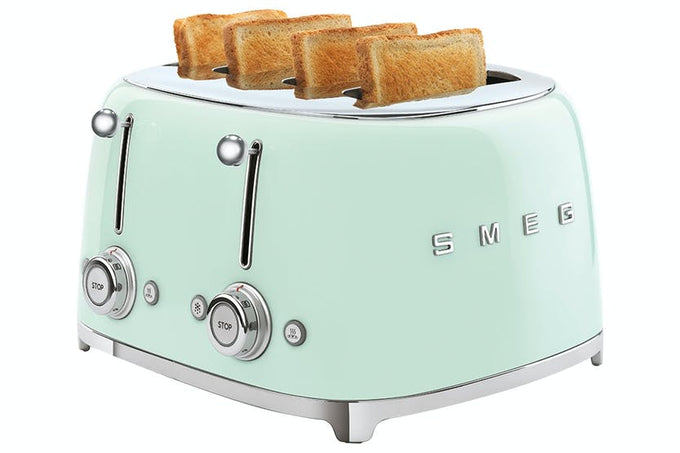 SMEG 4-slice pastel green toaster with 6 browning levels, bagel function, dual controls, available at Kean’s Claremorris. –