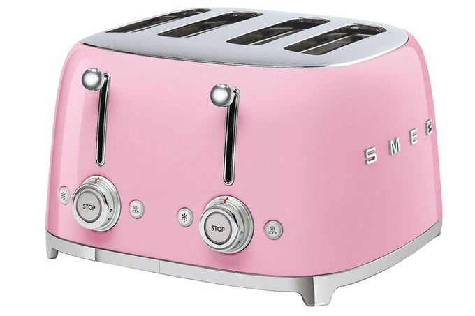 SMEG 4-slice pink toaster with retro design, adjustable browning, and extra-wide slots – available at Keans Claremorris.