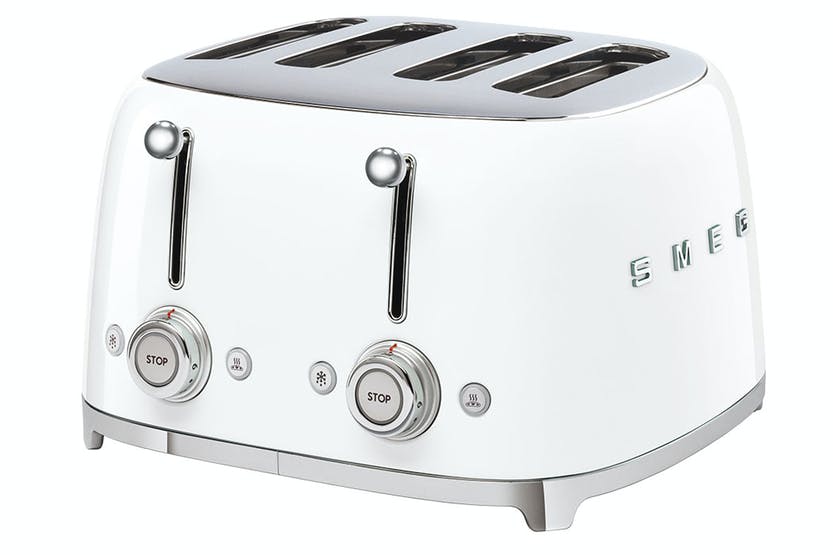 SMEG 4-slice white toaster with retro design, adjustable browning, and extra-wide slots – available at Keans Claremorris.