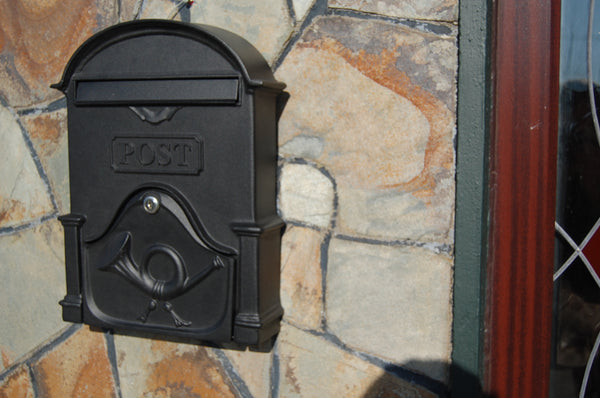 A4 Antique Black Brosna Cast Aluminium Post Box, lockable, wall-mount, handcrafted in Ireland – Keans Claremorris