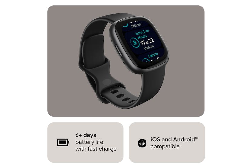 Fitbit Versa 4 Smartwatch in Black & Graphite with fitness tracking, heart rate monitor – available at Keans Claremorris