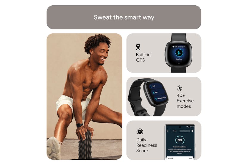 Fitbit Versa 4 Smartwatch in Black & Graphite with fitness tracking, heart rate monitor – available at Keans Claremorris
