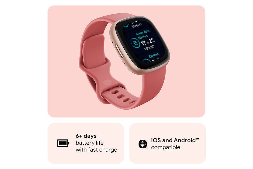 Fitbit Versa 4 Smartwatch in Pink Sand and Copper Rose, fitness tracking, heart rate monitor – available at Keans Claremorris