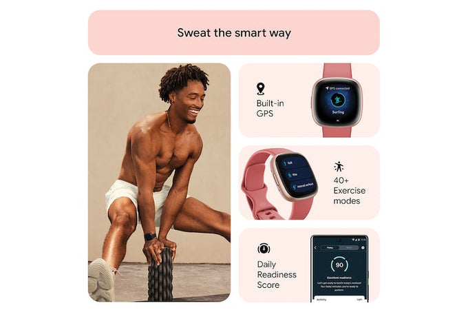 Fitbit Versa 4 Smartwatch in Pink Sand and Copper Rose, fitness tracking, heart rate monitor – available at Keans