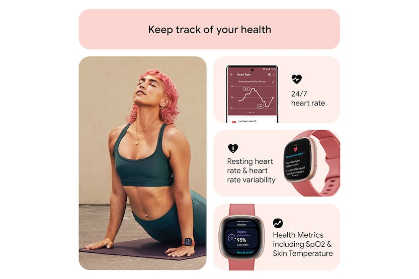 Fitbit Versa 4 Smartwatch in Pink Sand and Copper Rose, fitness tracking, heart rate monitor – available at Keans Claremorris