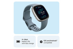 Fitbit Versa 4 Smartwatch in Waterfall Blue & Platinum, fitness tracking, heart rate monitor – available at Keans Claremorris