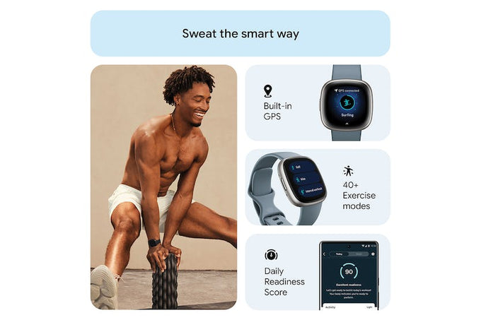 Fitbit Versa 4 Smartwatch in Waterfall Blue & Platinum, fitness tracking, heart rate monitor – available at Keans Claremorris